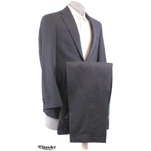 Hart Schaffner Marx 2 Piece Suit Black Striped Wool 40R Pleated Fronts 35" W - Picture 1 of 10